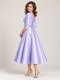 V-Neck Tea-Length Mother of the Bride Dress with Embellished Waist