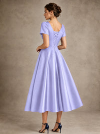 V-Neck Tea-Length Satin Mother of the Bride Dress with Bow