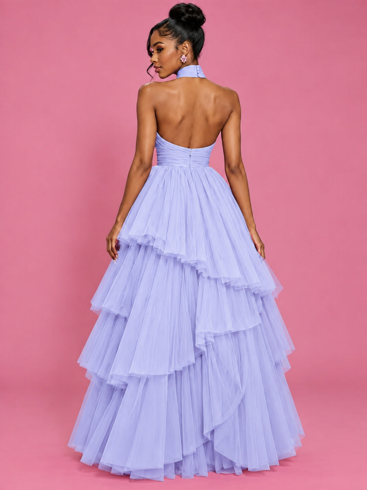 Hot Pink Tulle Halter Neck Tiered Ruffle Maxi Dress
