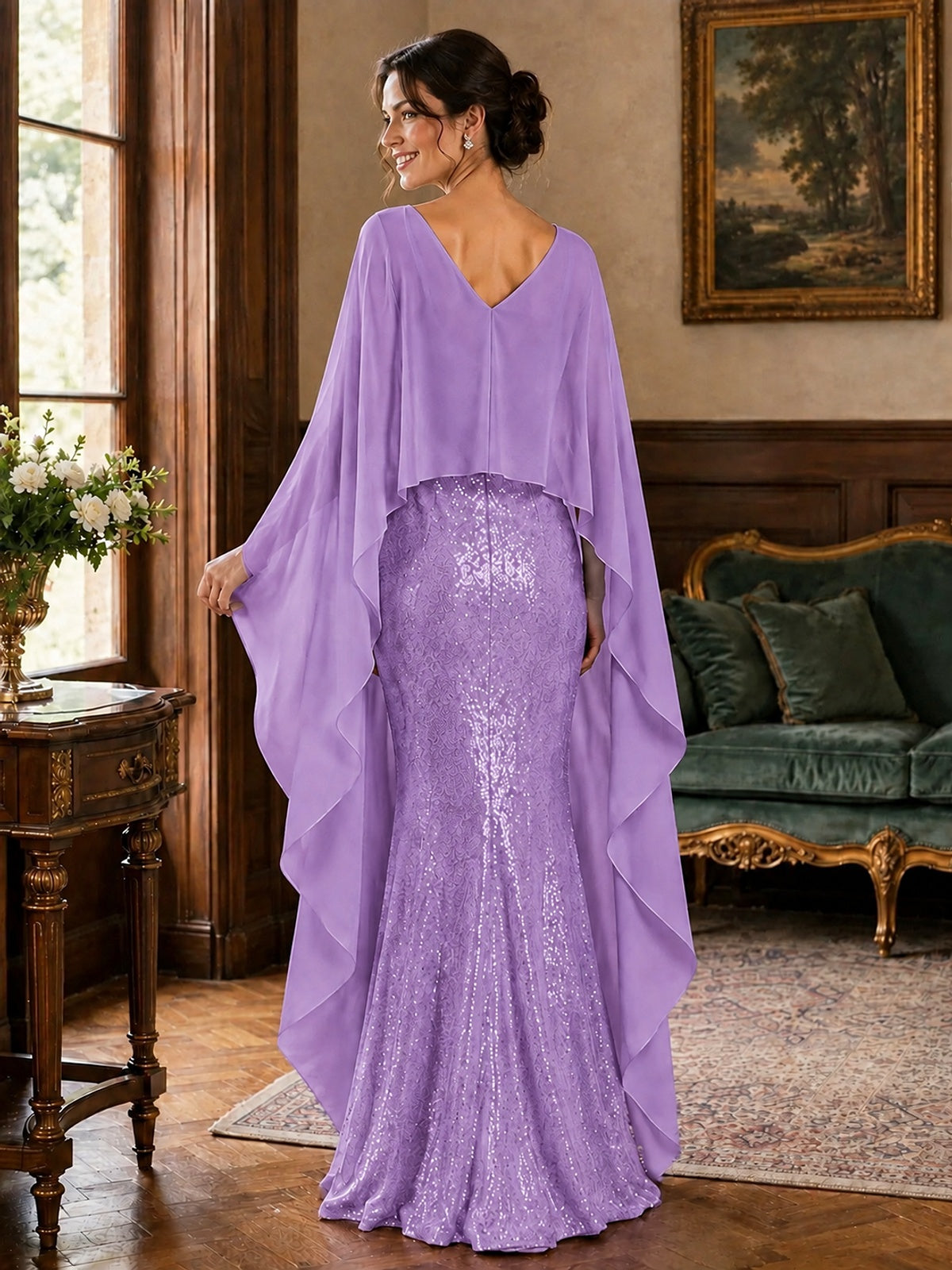 Sequin 2 Pieces Mother of the Bride Dress with Cap Sleeves Chiffon Formal Gowns