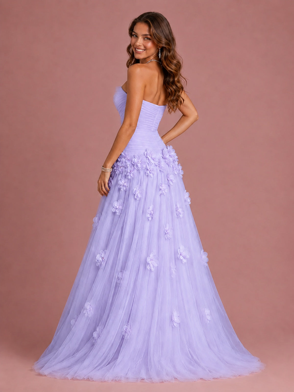 Blush Pink Strapless Sweetheart 3D Floral Tulle Ball Gown Prom Dres