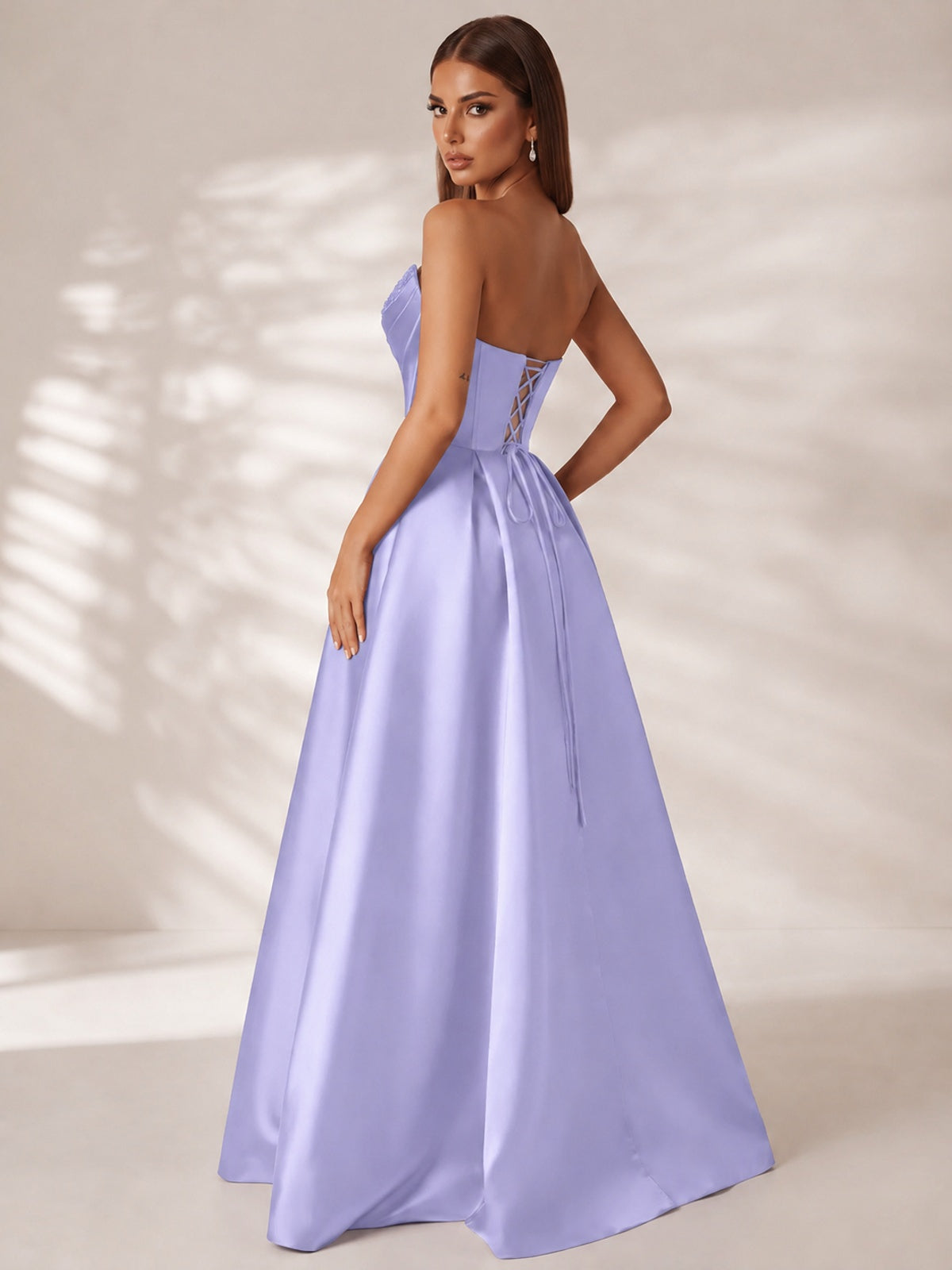 Strapless Corset Satin Prom Dress Long Evening Gown with High Slit