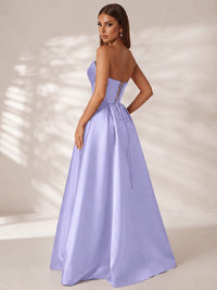 Strapless Corset Satin Prom Dress Long Evening Gown with High Slit