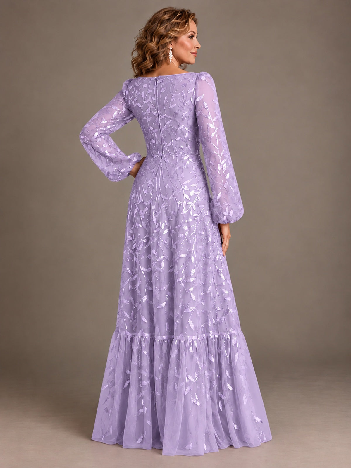 Floral Sequin Embroidered A-Line Mother of the Bride Dress with Long Sleeves