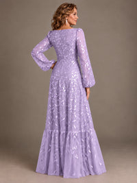 Floral Sequin Embroidered A-Line Mother of the Bride Dress with Long Sleeves