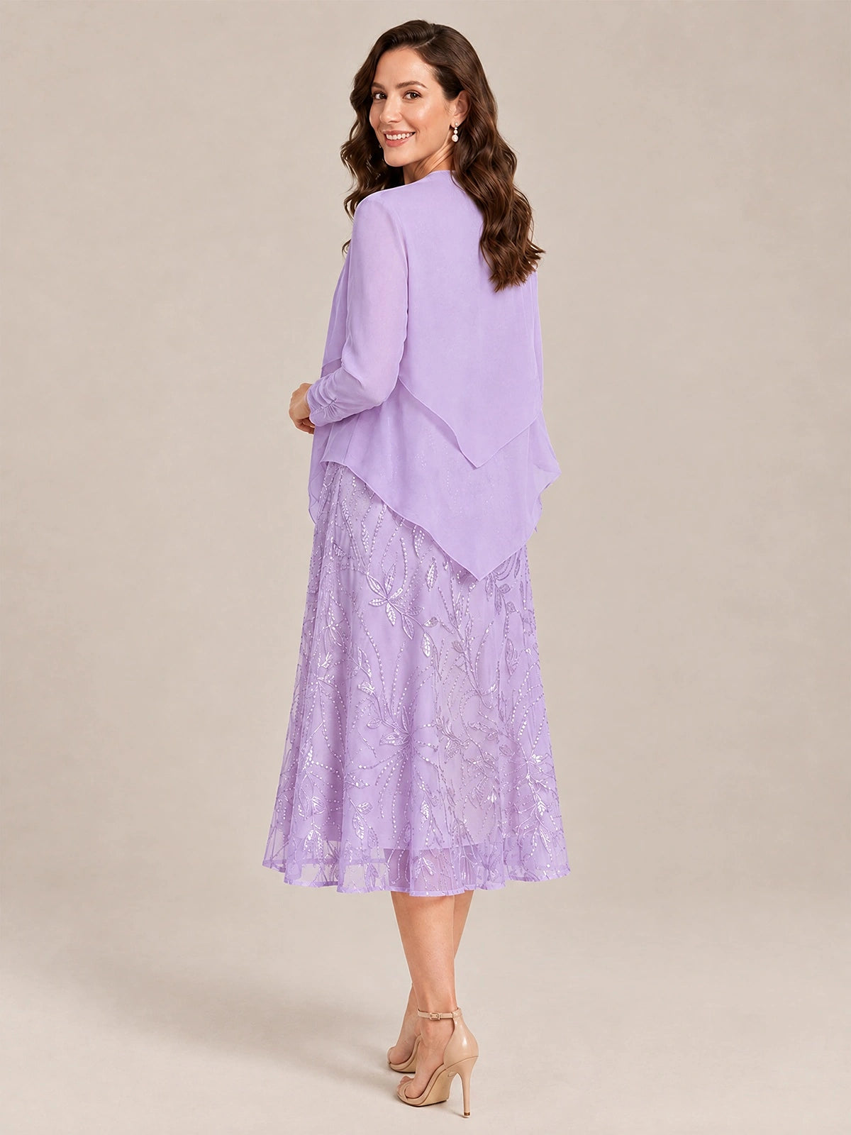 Tea Length Sequin Lace Mother of the Bride Dress with Chiffon Jacket