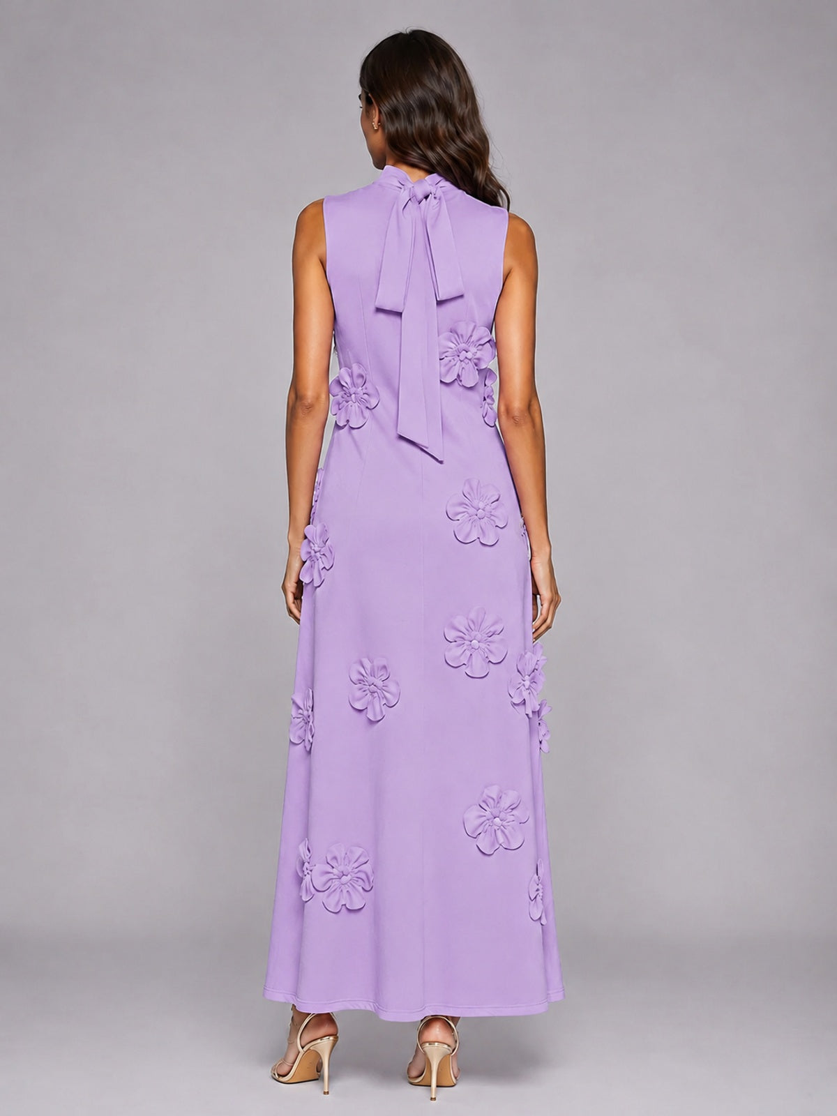3D Floral Applique High Neck Prom Maxi Dress