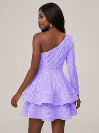 Puffy One Shoulder Sequin Tiered Mini Dress
