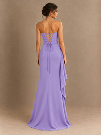 Black and White Strapless Ruched Prom Dress with High Slit & Side Drape