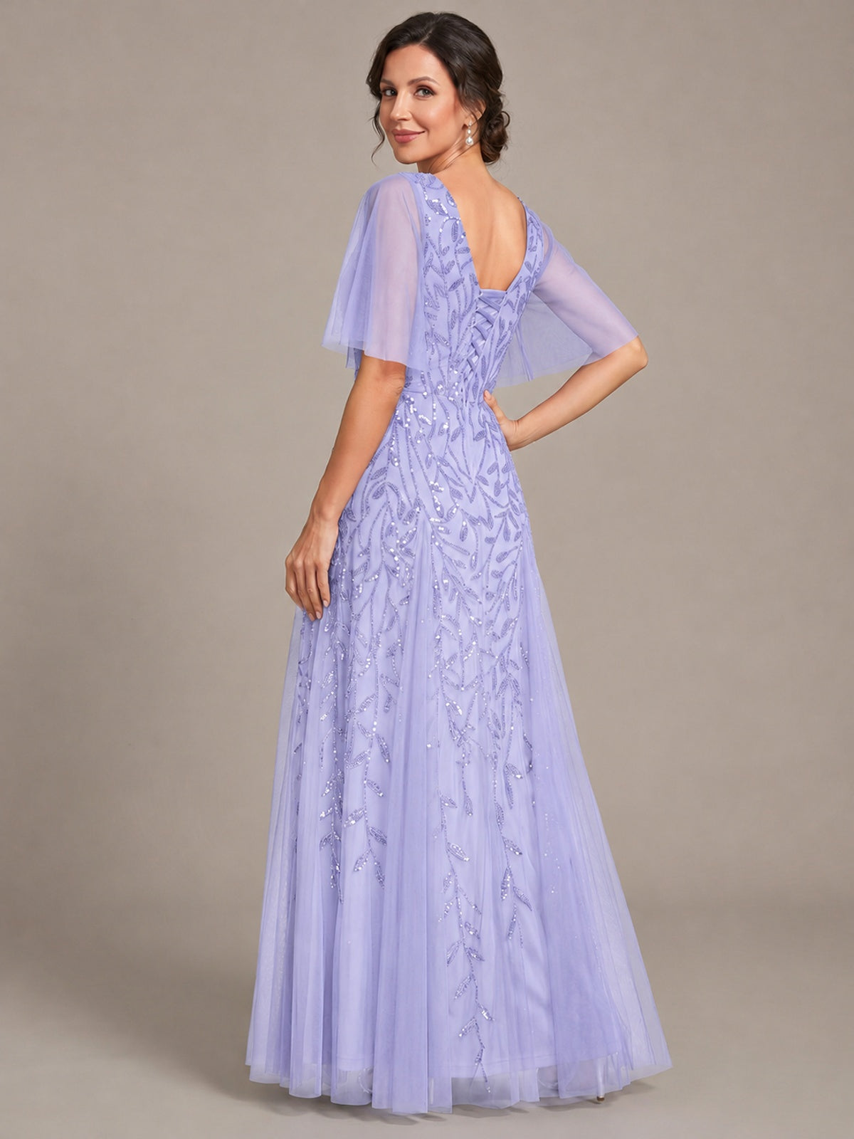 V-Neck Sequin Tulle Mother of the Bride Dress with Flutter Sleeve