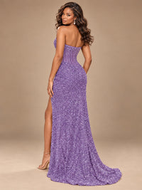 Gold Sequin Strapless Corset Prom Dress with High Slit