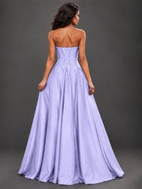 Draped Satin Prom Dress Strapless A-line Formal Dress Floor Length