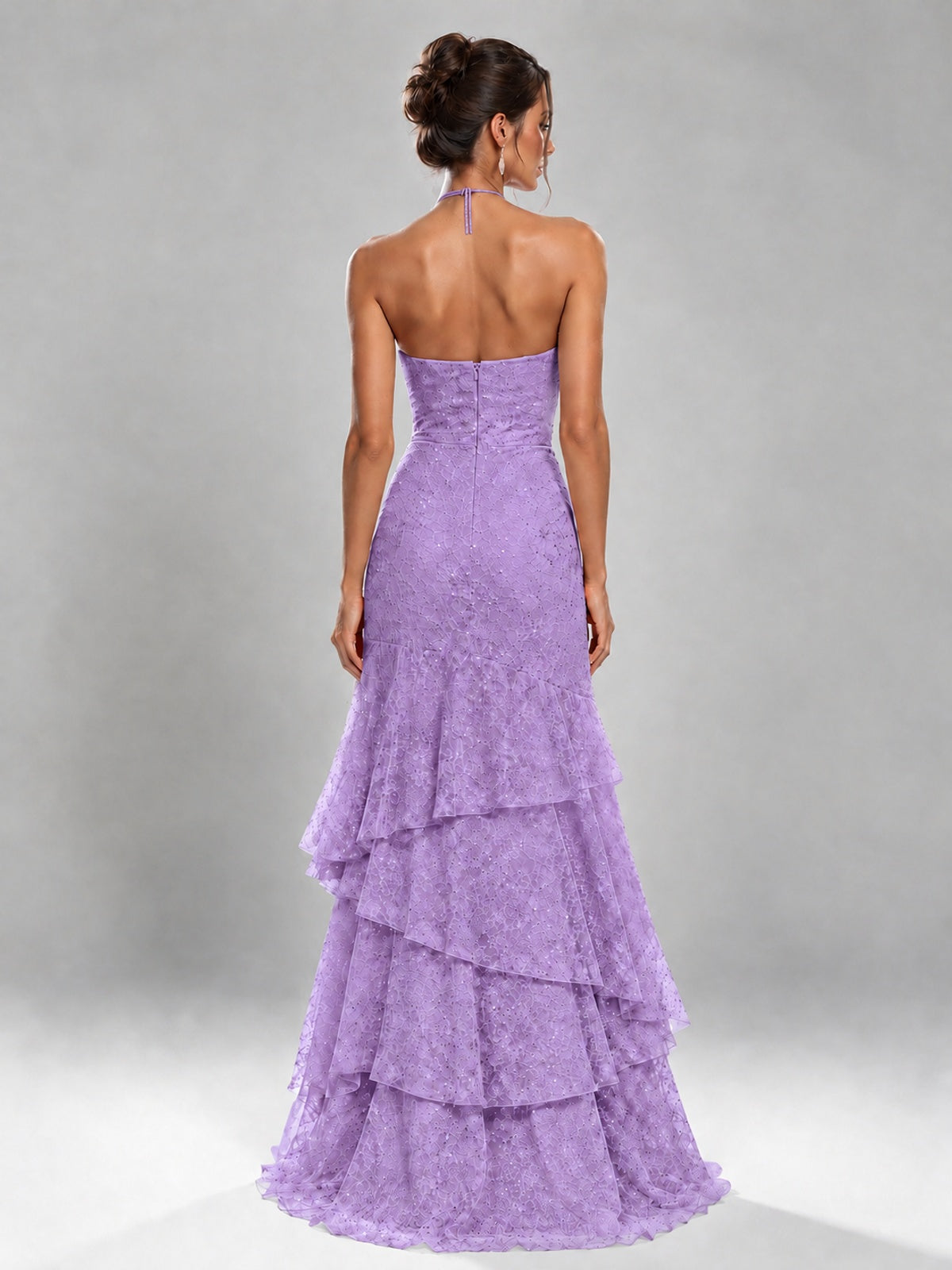 Halter Tiered Mermaid Prom Dress with Sparkly Lace