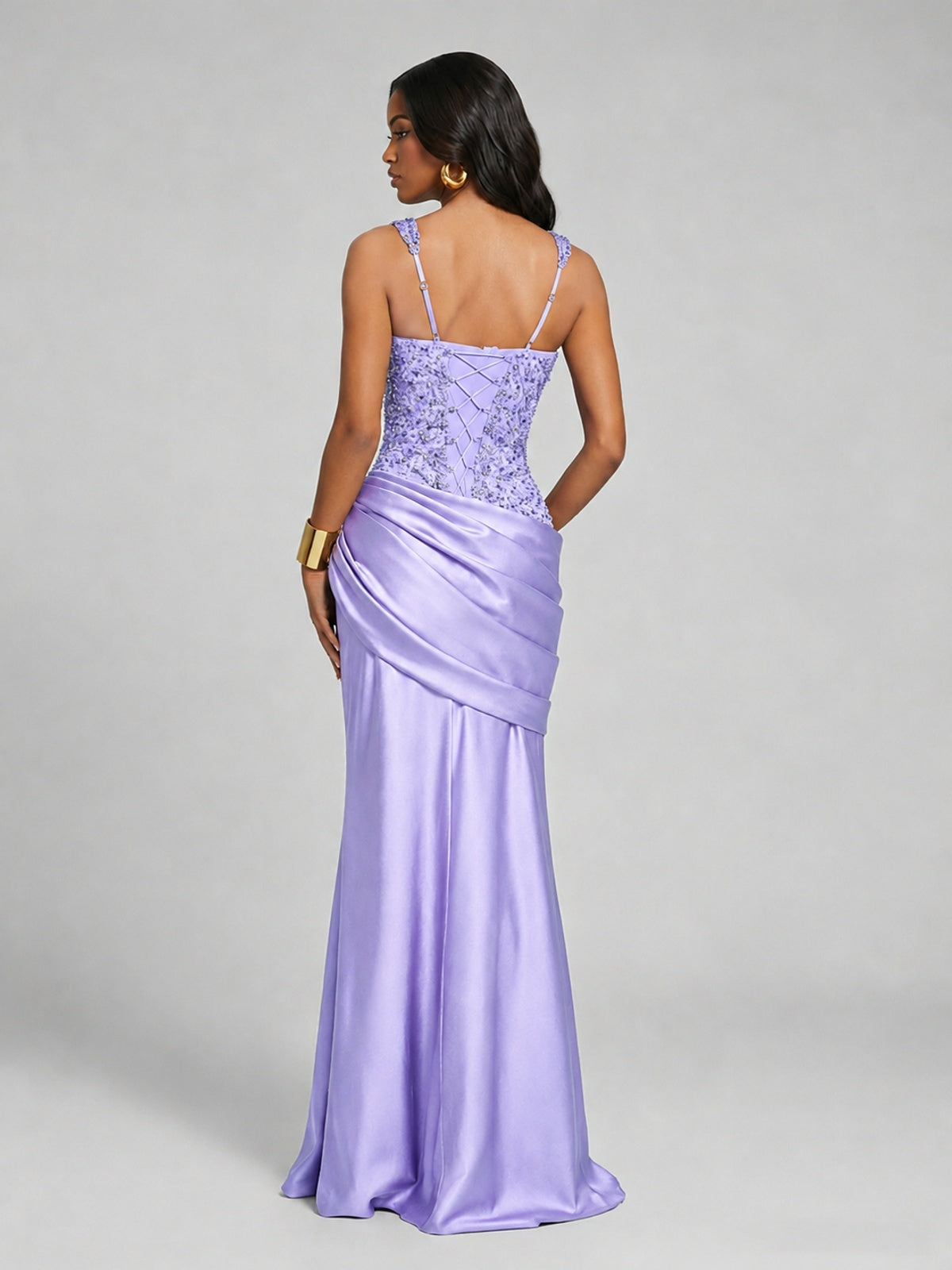 Scoop Neck Sequin Prom Dress with High Slit Satin Formal Gowns