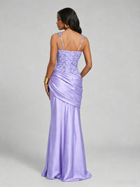 Scoop Neck Sequin Prom Dress with High Slit Satin Formal Gowns