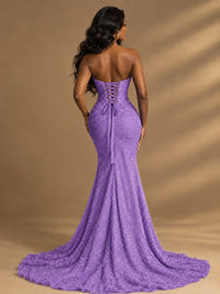 Beaded Sequin Prom Dress Strapless Formal Gowns with High Slit Train