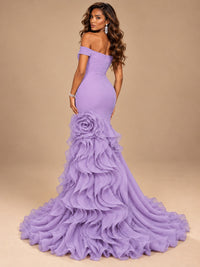 Dusty Blue Off-the-Shoulder Mermaid Prom Dress with 3D Rose & Ruffles