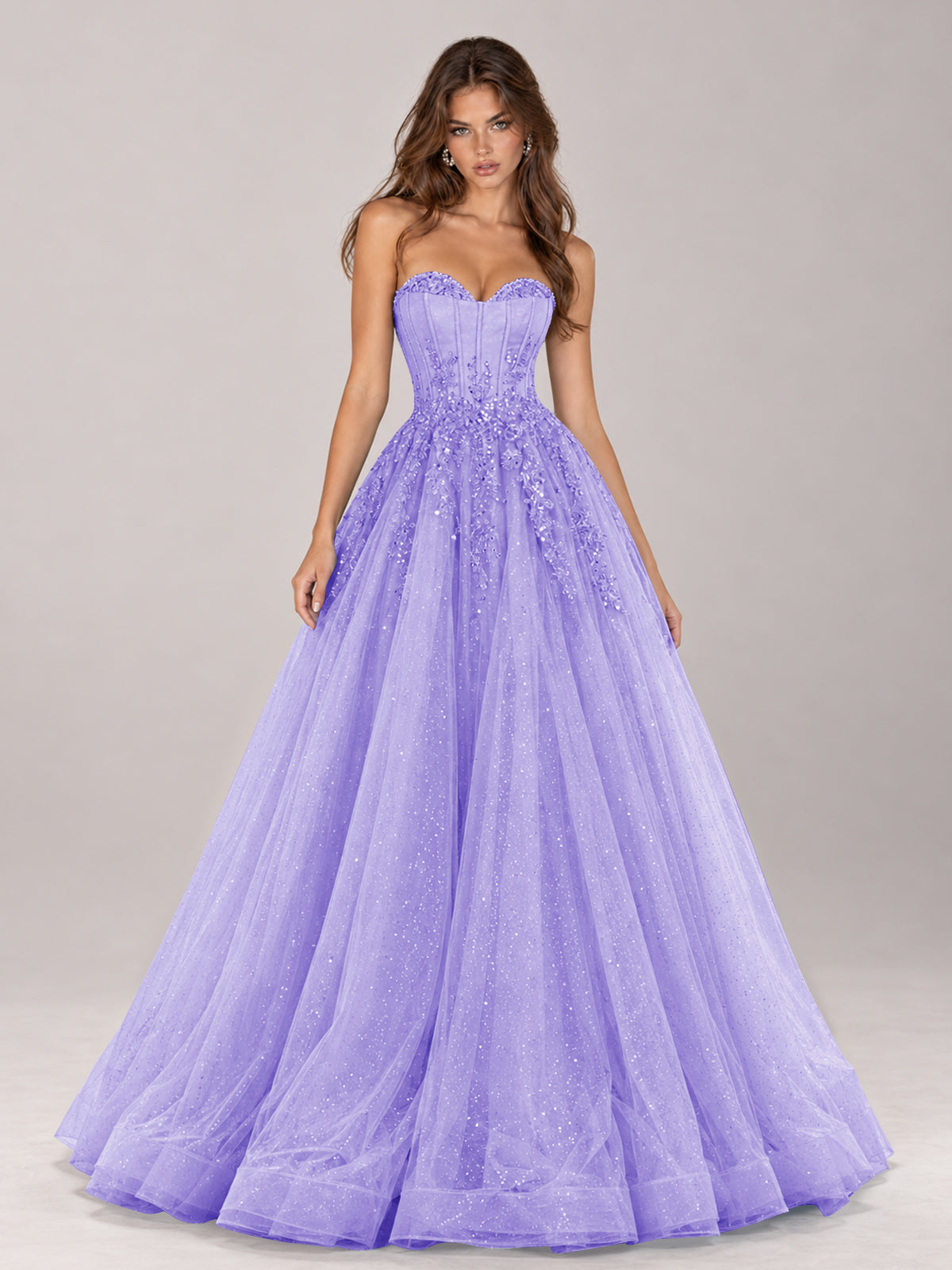 Strapless Sweetheart Beaded Corset Glitter Tulle Ball Gown Prom Dress