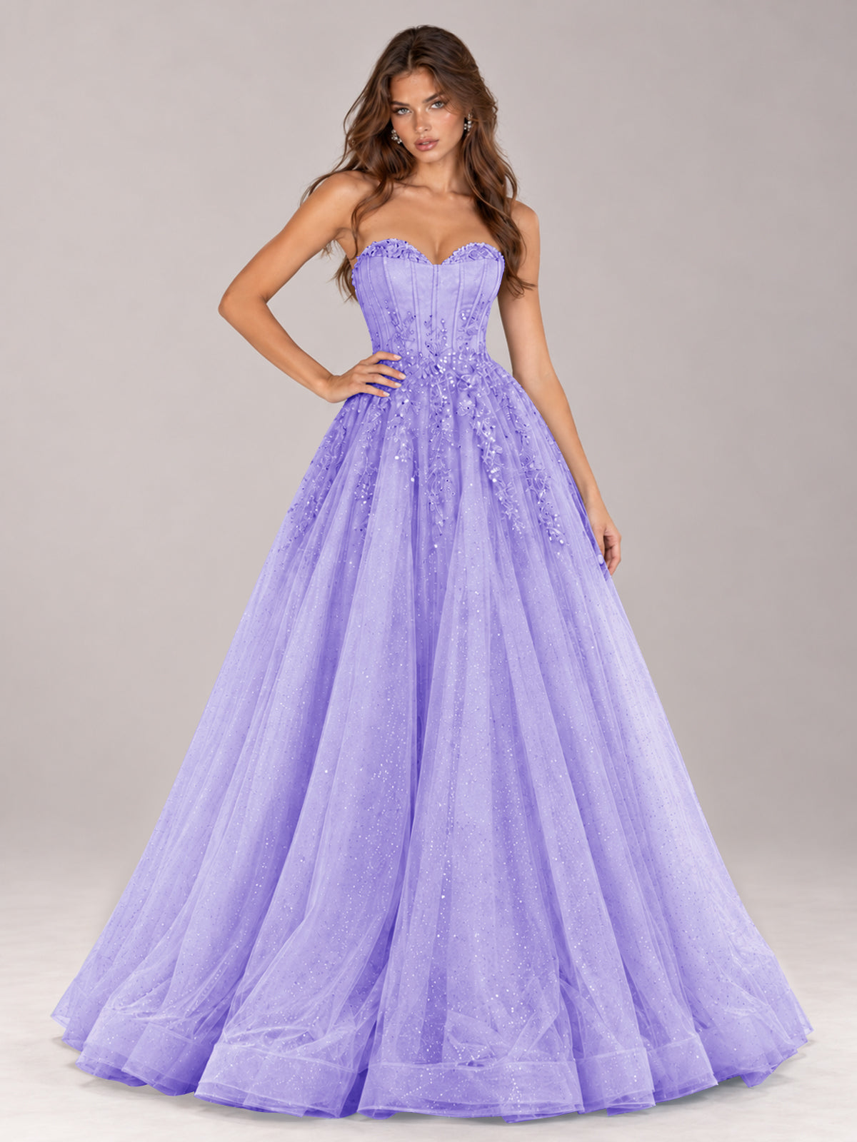 Strapless Sweetheart Beaded Corset Glitter Tulle Ball Gown Prom Dress