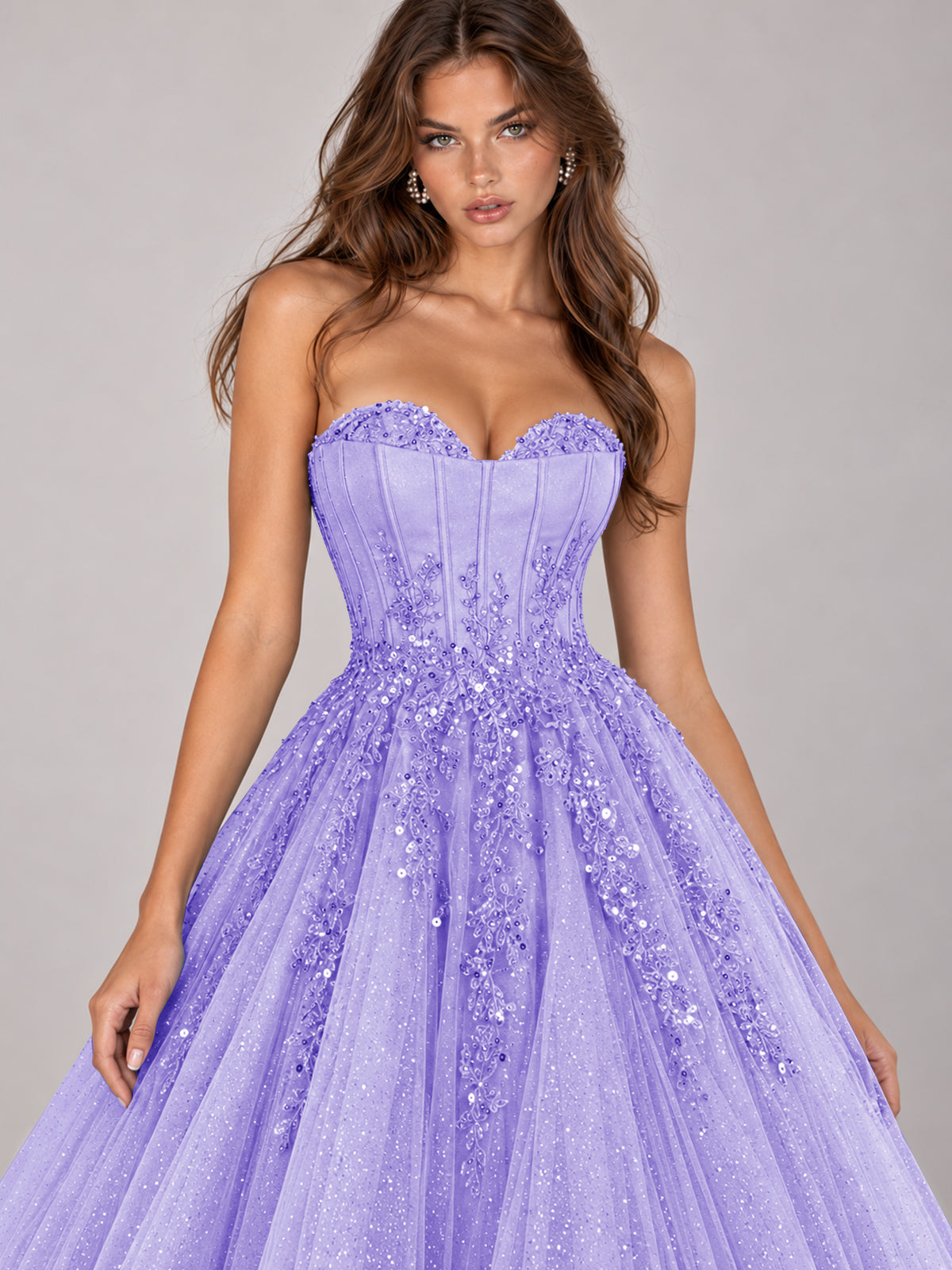 Strapless Sweetheart Beaded Corset Glitter Tulle Ball Gown Prom Dress