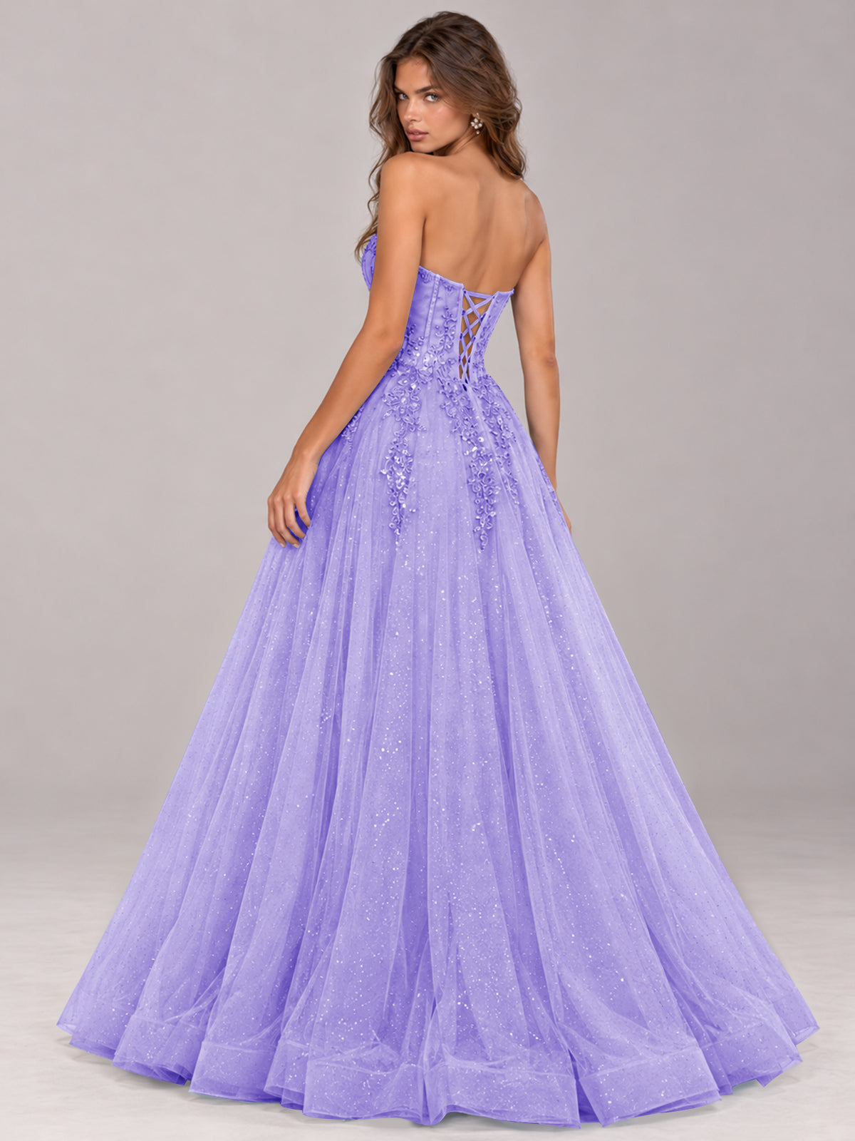Strapless Sweetheart Beaded Corset Glitter Tulle Ball Gown Prom Dress