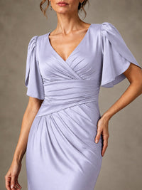 V-Neck Satin Mother of the Bride Dress with Flutter Sleeves
