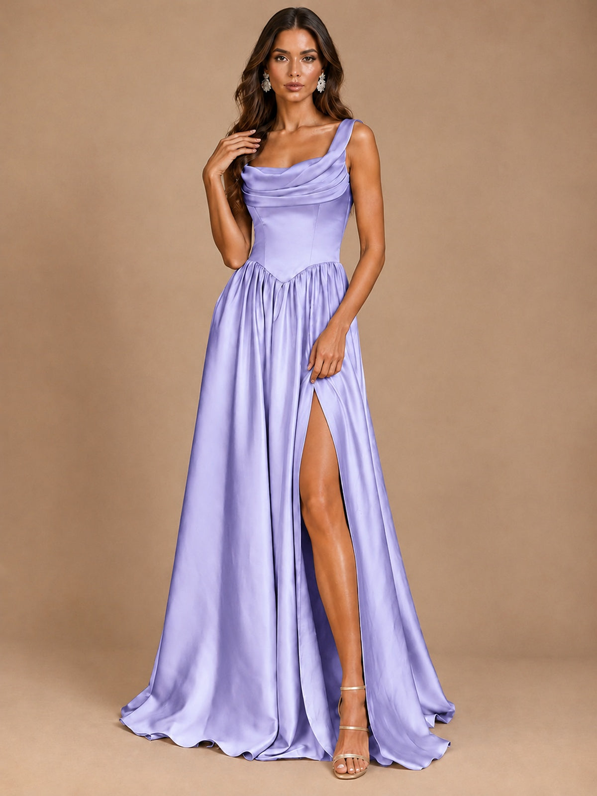 Cowl Neck Pleated Satin Prom Dress with Pockets & Slit Maxi Formal Gowns