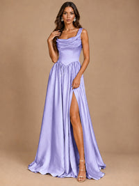 Cowl Neck Pleated Satin Prom Dress with Pockets & Slit Maxi Formal Gowns