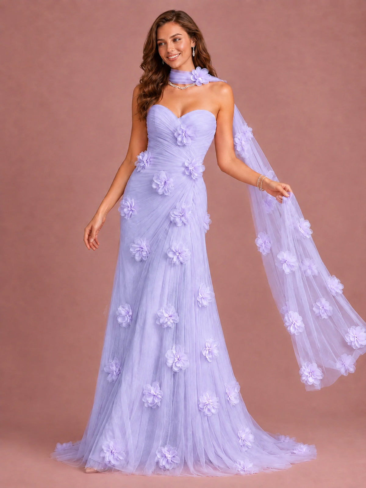 Blush Pink Strapless Sweetheart 3D Floral Tulle Mermaid Prom Dress