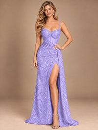 Burgundy Sequin Corset Prom Dress with High Slit