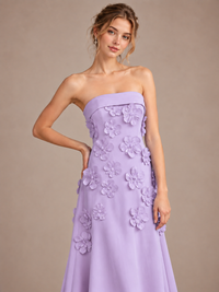 Yellow Strapless 3D Floral Appliques Maxi Dress