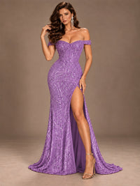 Off the Shoulder Corset Sequin Mermaid Prom Dress with Slit