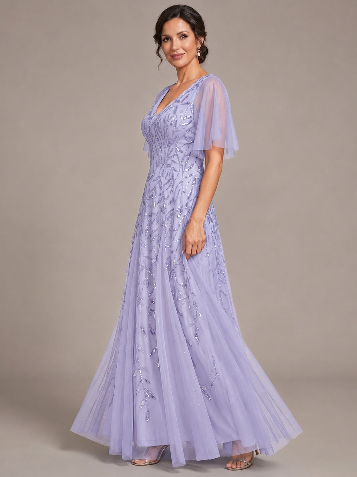V-Neck Sequin Tulle Mother of the Bride Dress with Flutter Sleeve
