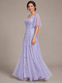V-Neck Sequin Tulle Mother of the Bride Dress with Flutter Sleeve