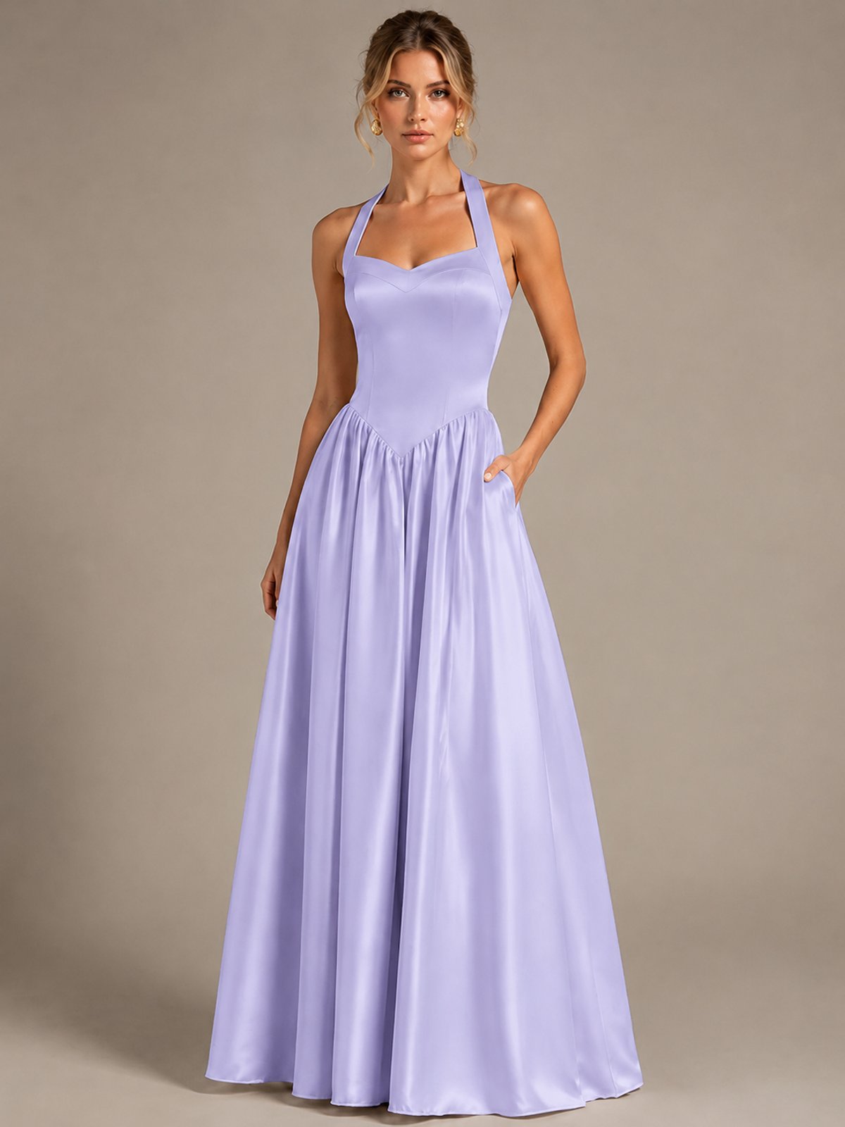 Light Yellow Halter Neck Satin A-Line Maxi Dress with Pockets