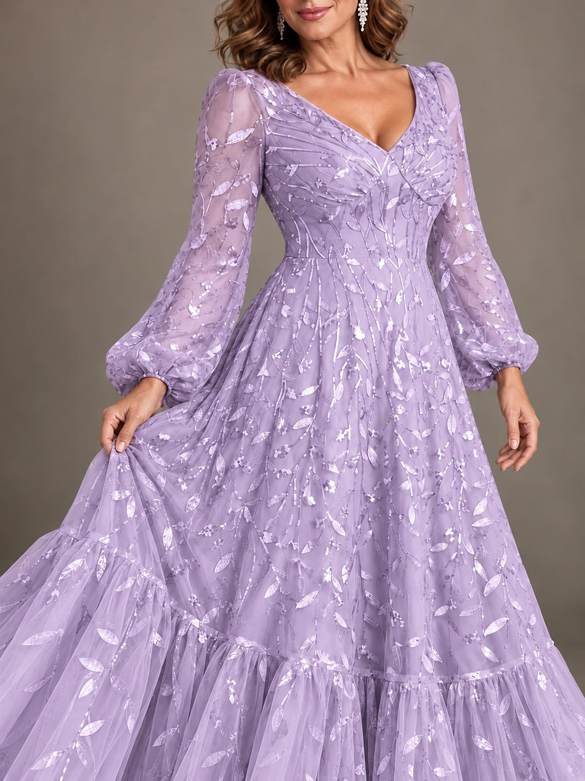 Floral Sequin Embroidered A-Line Mother of the Bride Dress with Long Sleeves