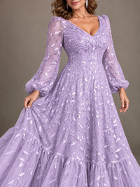 Floral Sequin Embroidered A-Line Mother of the Bride Dress with Long Sleeves