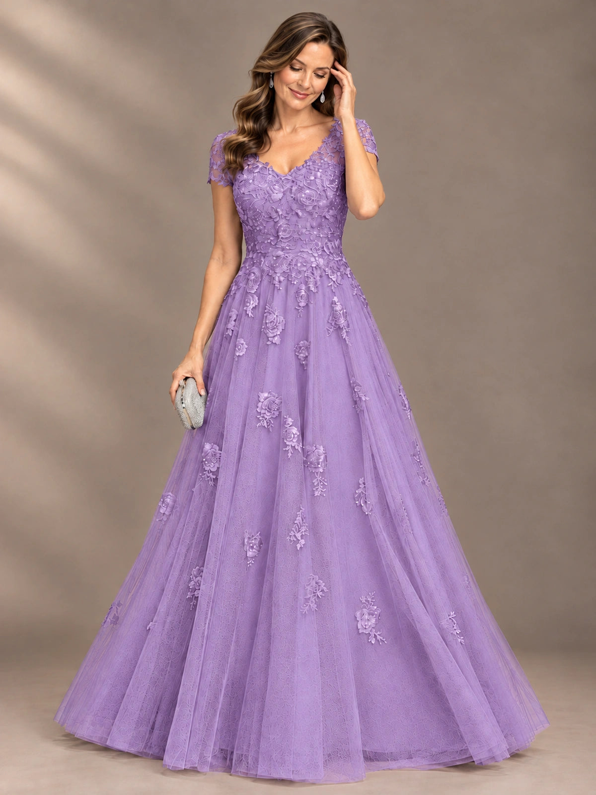 Lace Appliques A-line Mother of The Bride Dresses with Short Sleeves