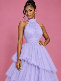 Hot Pink Tulle Halter Neck Tiered Ruffle Maxi Dress