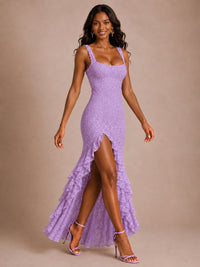 Square-Neck Lace Ruffle High-Low Maxi Dress