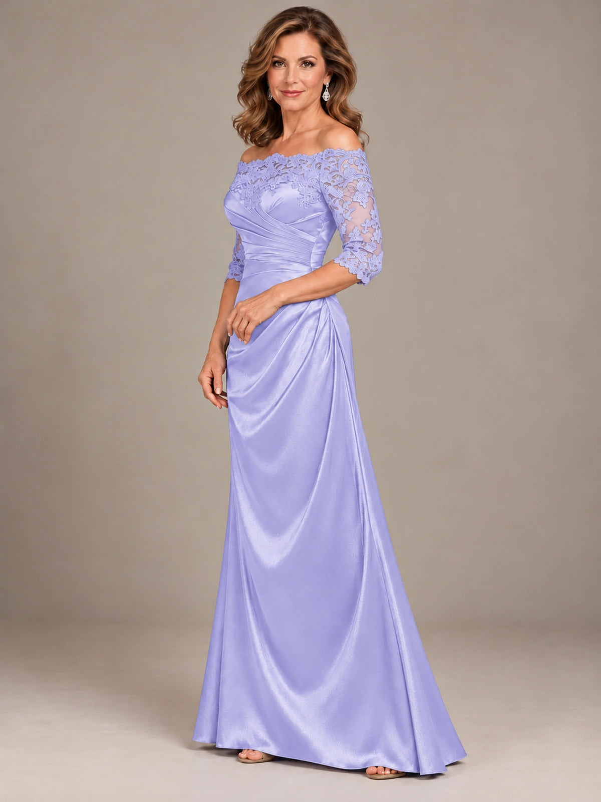Satin Mother of the Bride Dress with Lace Sleeves Off Shoulder Formal Gown