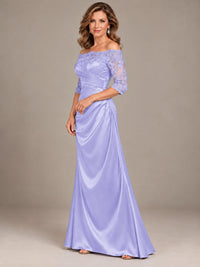 Satin Mother of the Bride Dress with Lace Sleeves Off Shoulder Formal Gown