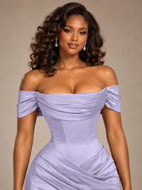 Burgundy Off-the-Shoulder Satin Corset Prom Dress with Slit