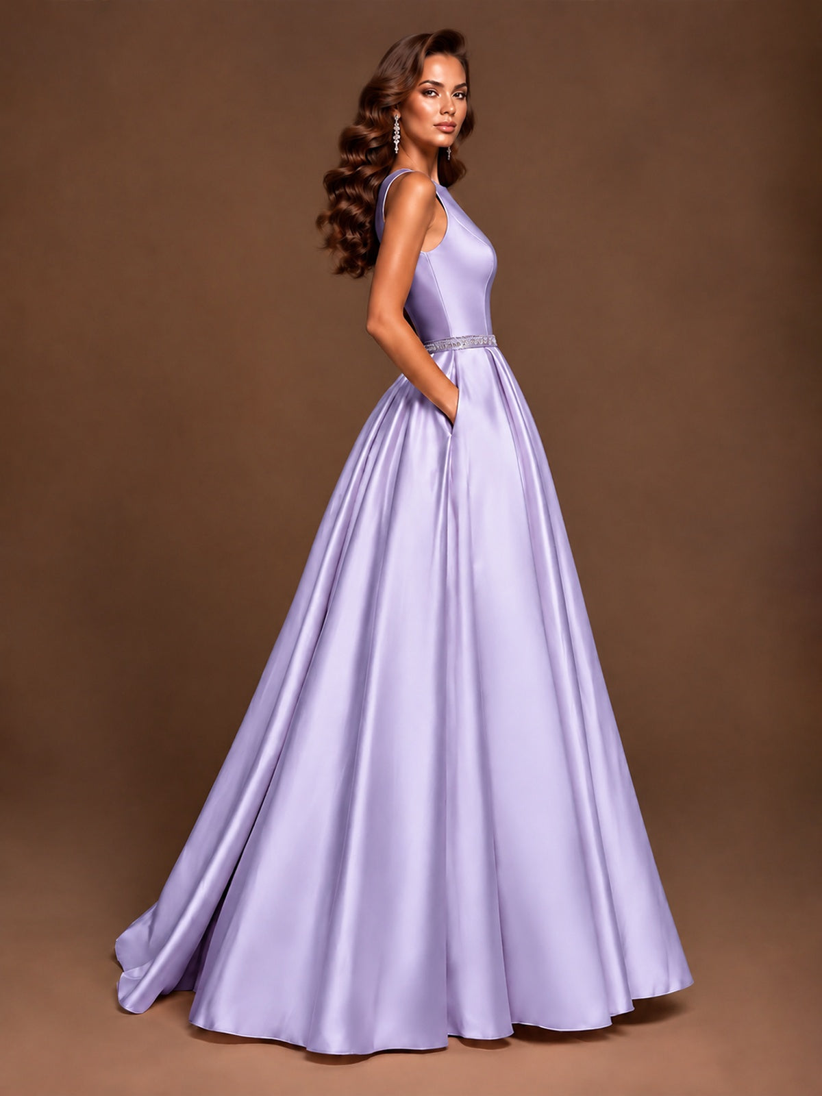 Satin A-Line Prom Dress Sleeveless Beaded Waist Formal Gown with Pockets