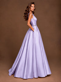 Satin A-Line Prom Dress Sleeveless Beaded Waist Formal Gown with Pockets