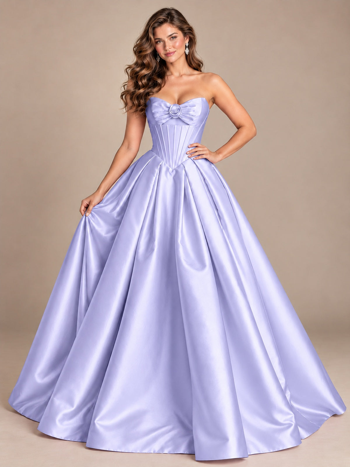 Pink Strapless Corset Satin Prom Derss & Ball Gown with 3D Floral
