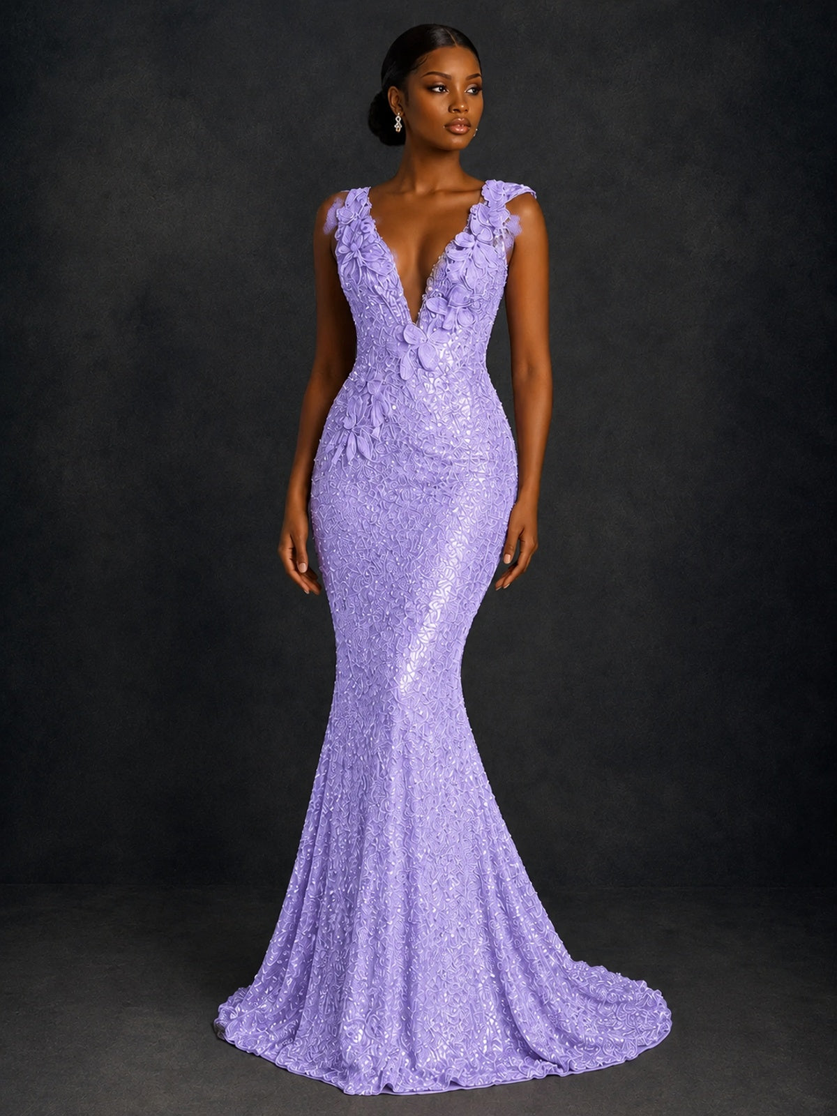 Gold Sequin Floral Applique Mermaid Prom Dress