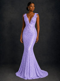 Gold Sequin Floral Applique Mermaid Prom Dress