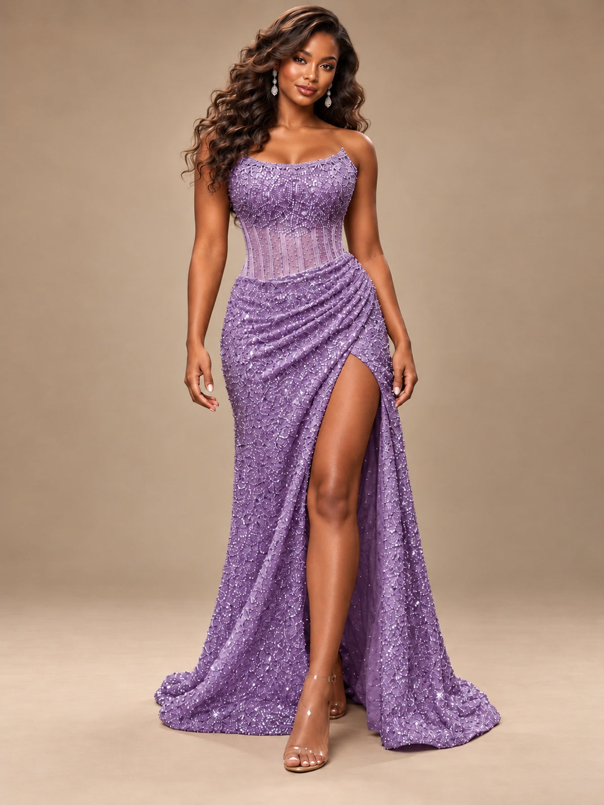Gold Sequin Strapless Corset Prom Dress with High Slit