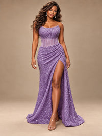 Gold Sequin Strapless Corset Prom Dress with High Slit